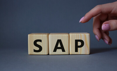 SAP - Systems Applications Products. Wooden cubes with word SAP . Businessman hand. Beautiful grey...