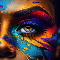 A captivating AI-generated image featuring a woman with vibrant colors adorning her face, showcasing a unique and artistic expression of beauty and creativity