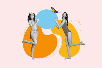 Collage of girls speaking summer hotel conversation together dialogue information hold speech...