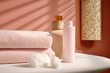 A pink towel and a bottle of cotton on a table, Generative AI