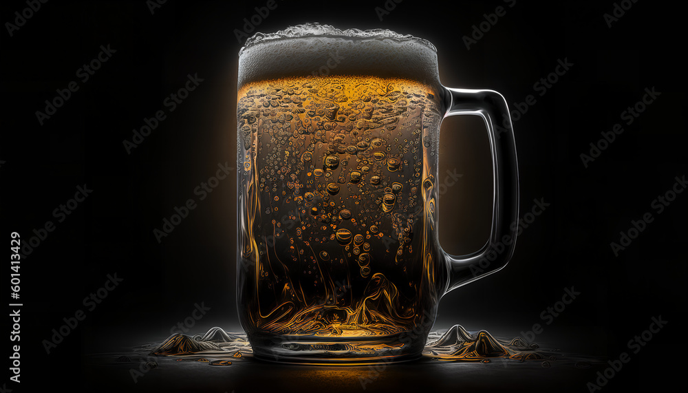Poster a glass of beer with drops of condensate running down it on a dark background, generative by ai