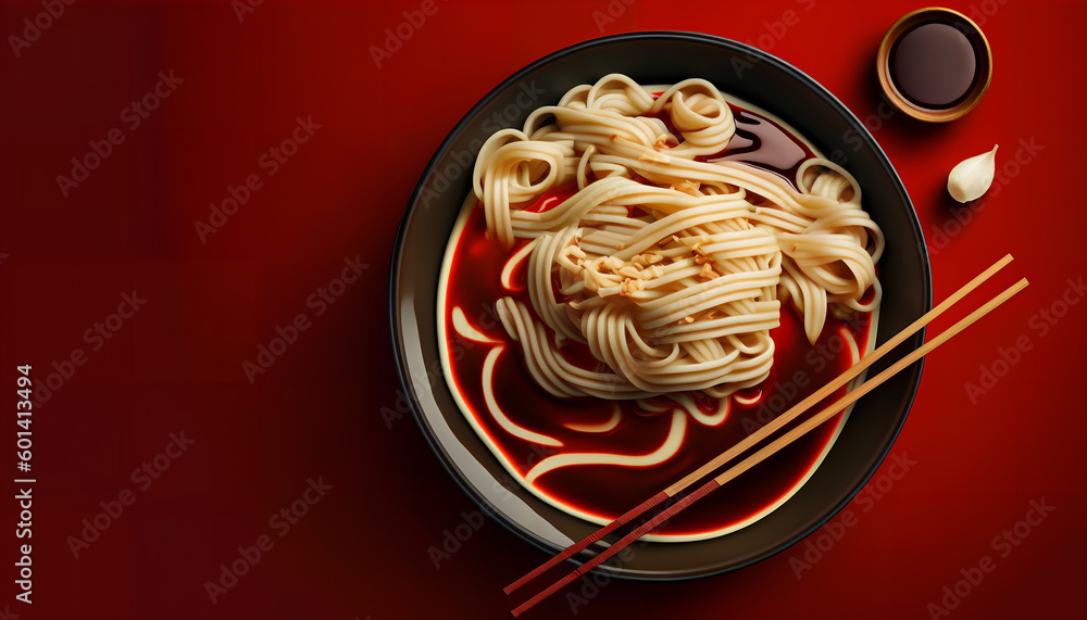 Poster a bowl of freshly cooked noodles with spices and sticks on a red background view from above, generat