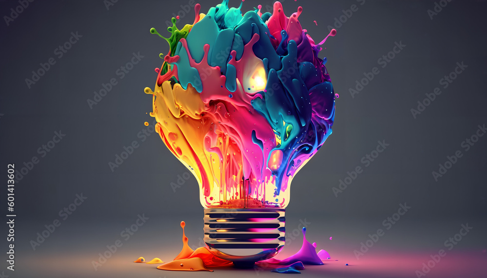 Poster a light bulb with a colorful design consisting of liquid, generative by ai