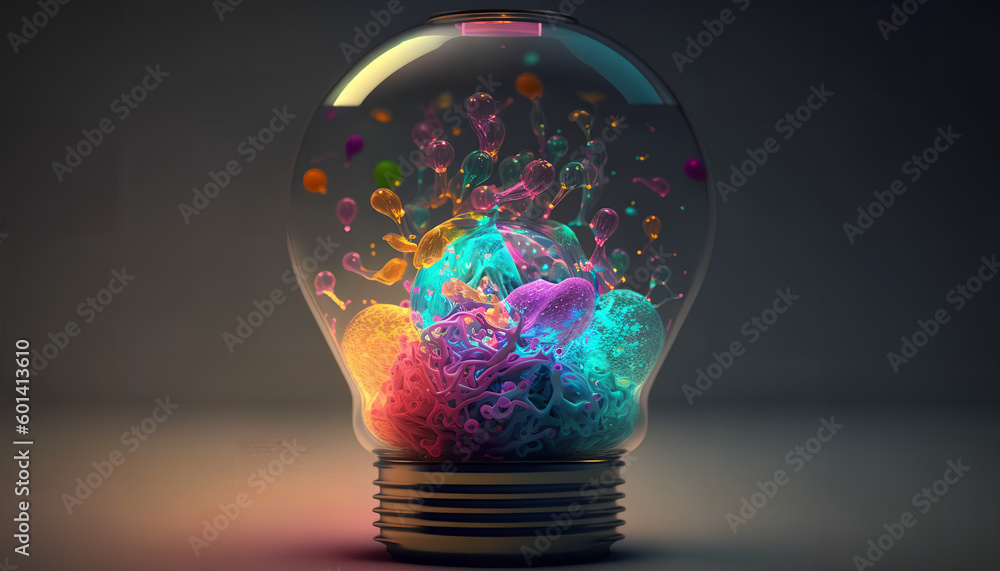 Poster a light bulb with a colorful design consisting of liquid, generative by ai