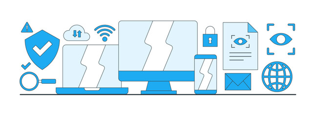 Technology illustration concept. Internet security vector. Computer, cloud, phone, lock, shield, scan, document icon.