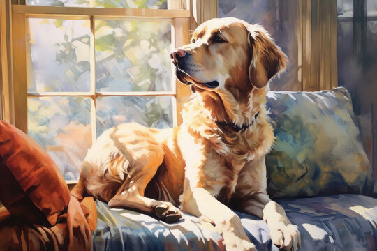 Watercolor Generative AI Illustration of a Labrador Dog Sitting in a Living Room Window 
