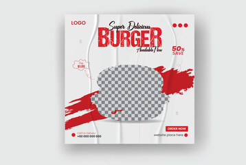 Food social media banner design template. Burger social media post vector