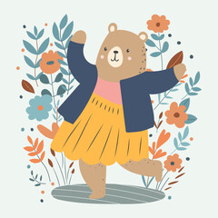 bear dancing on floral background characters in flat style isolated