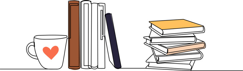 books with mug drawing line sketch, doodle isolated vector
