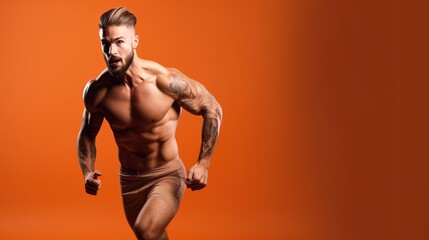 Fototapeta na wymiar Portrait of a handsome muscular man running on a orange background.Generative Ai