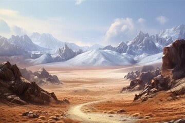 a desert with a snow-capped mountain