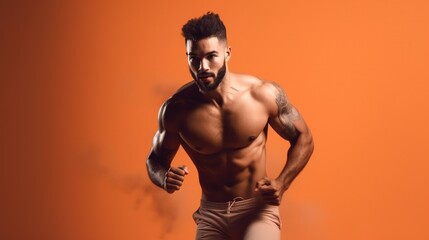 Portrait of a handsome muscular man running on a orange background.Generative Ai