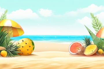 Realistic Summer Background Vibrant Tropical Theme with Ocean View and Palm Trees, Created with Generative AI