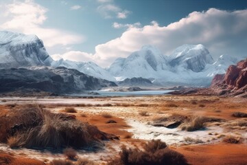 Fototapeta na wymiar a desert with a snow-capped mountain