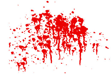 Bunch of red blood blots with leaks on white background. Scarlet wine or sauce splash on wall. Watercolor spatter texture. Abstract vector illustration. Runny liquid ink. Horror grunge pattern