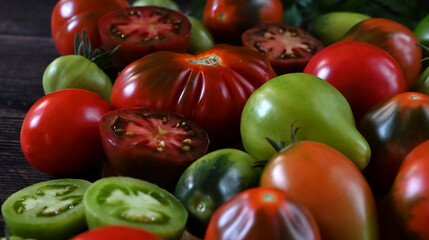 Fresh sliced tomatoes on black background, copy space