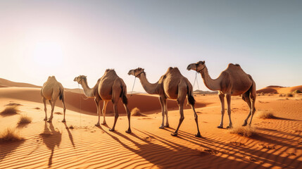 Fototapeta na wymiar Beautiful view of camels in the desert