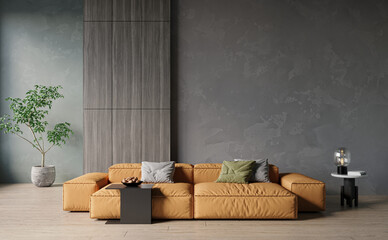 Modern living room design interior, stucco wall, hardwood flooring, cozy furniture, sofa, armchair. Mockup concept, 3d rendering