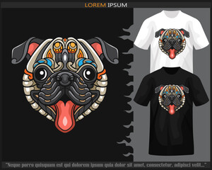 Colorful Pug dog head mandala arts isolated on black and white t shirt.