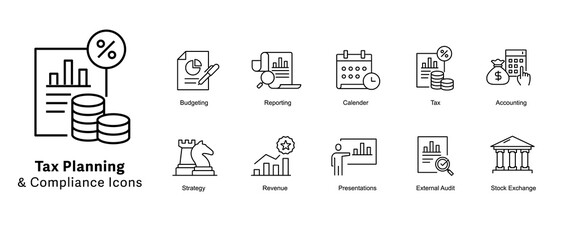 Fototapeta premium Tax Planning and Compliance Icons. Tax management icons, Tax strategy icons, Tax optimization icons, Tax compliance symbols, Tax planning vector icons, Tax regulations icons. Editable Stroke.