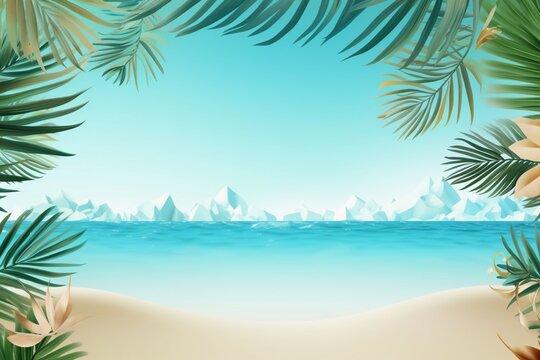 Realistic Summer Background Vibrant Tropical Theme with Ocean View and Palm Trees, Created with Generative AI © dendyh7