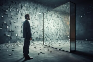A person standing in front of a shattered mirror environment