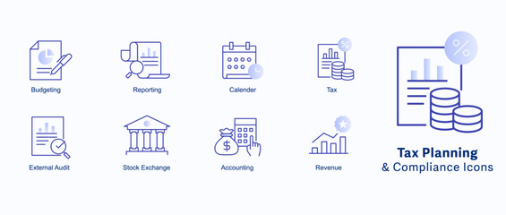 Tax Planning and Compliance Icons. Tax management icons, Tax strategy icons, Tax optimization icons,
Tax regulations icons. Editable Stroke.