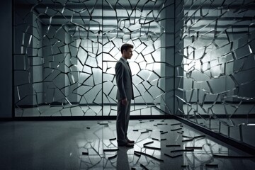 A person standing in front of a shattered mirror environment