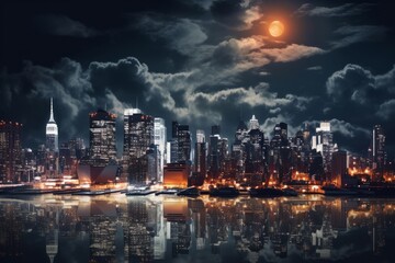 Naklejka na ściany i meble city skyline at night with a full moon in the background