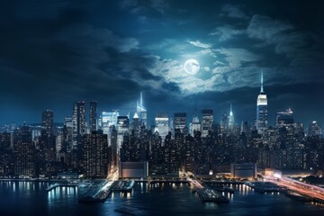Obraz premium city skyline at night with a full moon in the background