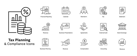 Tax Planning and Compliance Icons. Tax management icons, Tax strategy icons, Tax optimization icons,
Tax compliance symbols, Tax planning vector icons,
Tax regulations icons. Editable Stroke.