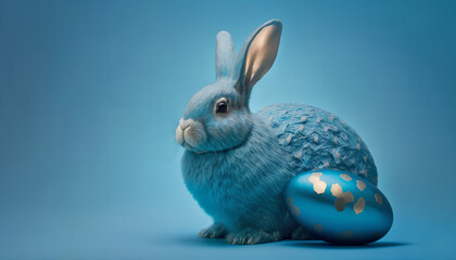 blue Easter bunny with eggs on a blue background, Generative by AI