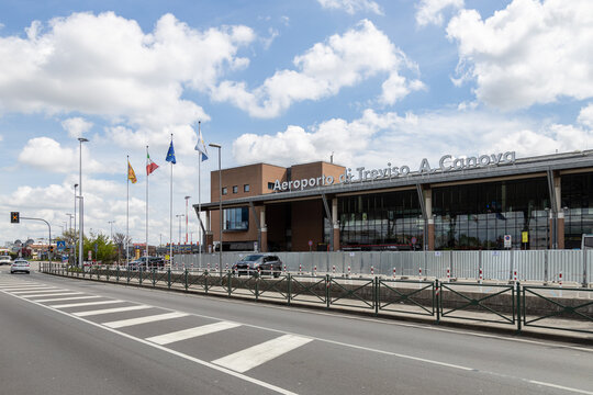 Treviso, Veneto, Italy - Apr 15th, 2023: Facade of International Airport Treviso A. Canova (TSF)