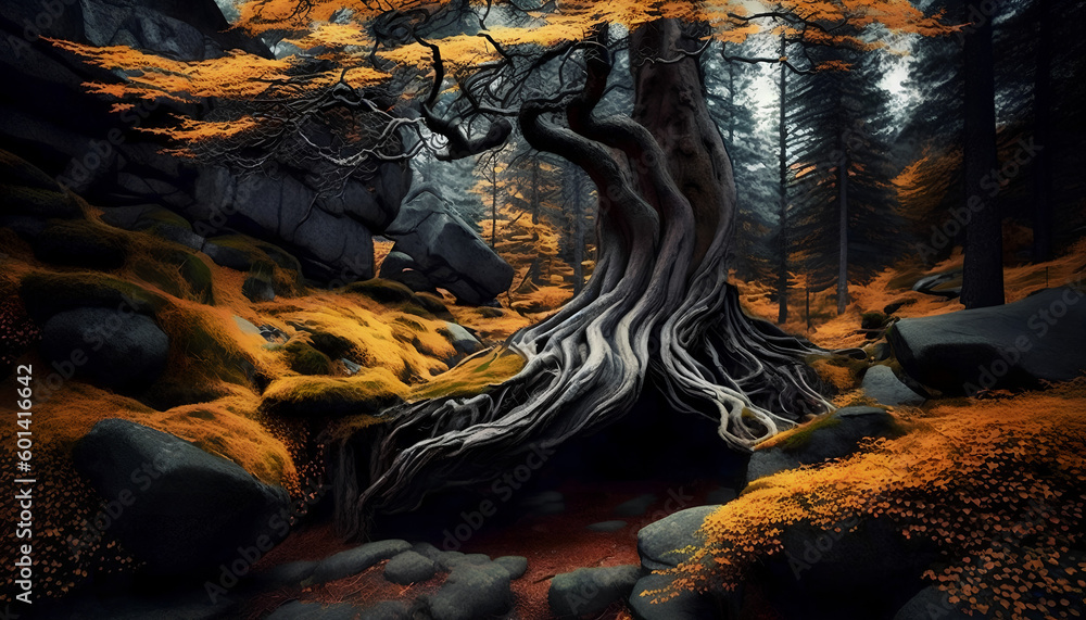 Poster a path that runs through tall trees in the forest, generative by ai