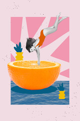 Vertical collage image of funky excited black white gamma mini girl diving jumping huge orange...