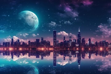  city skyline at night with a full moon in the background