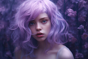 Naklejka premium Illustration in violet color tones of a beautiful young women with long flowing hair. Headshot