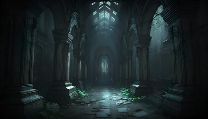 ancient ruins with very little light from the inside with a high ceiling, Generative by AI