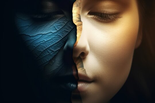 An image composed of two halves of a person's face