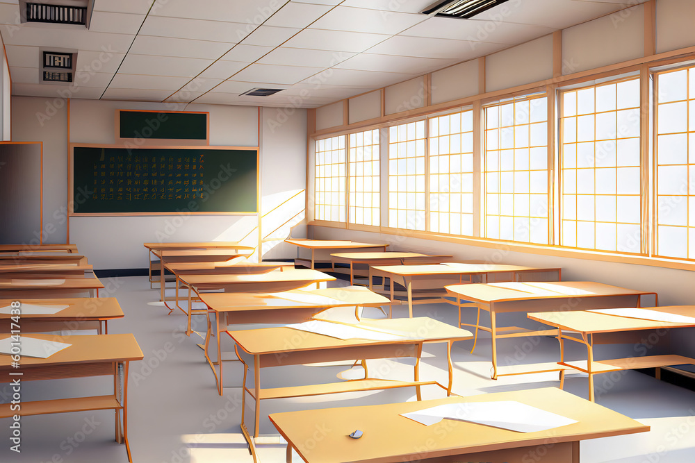 Poster interior views of an empty japanese style classroom. 3d render. generative ai
