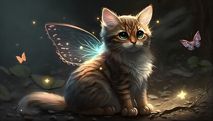cute kitten close-up in a fantasy world with fairy wings, Generative by AI
