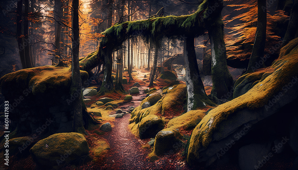 Poster a path that runs through tall trees in the forest, generative by ai