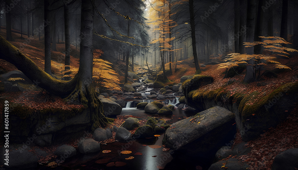 Poster a river that runs through tall trees in the forest, generative by ai