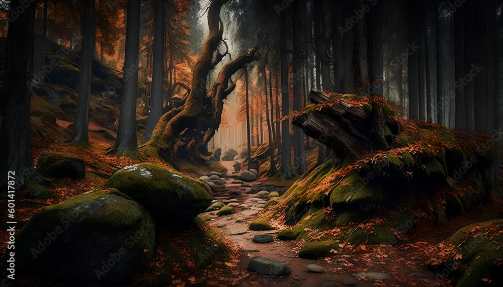 Poster a path that runs through tall trees in the forest, generative by ai