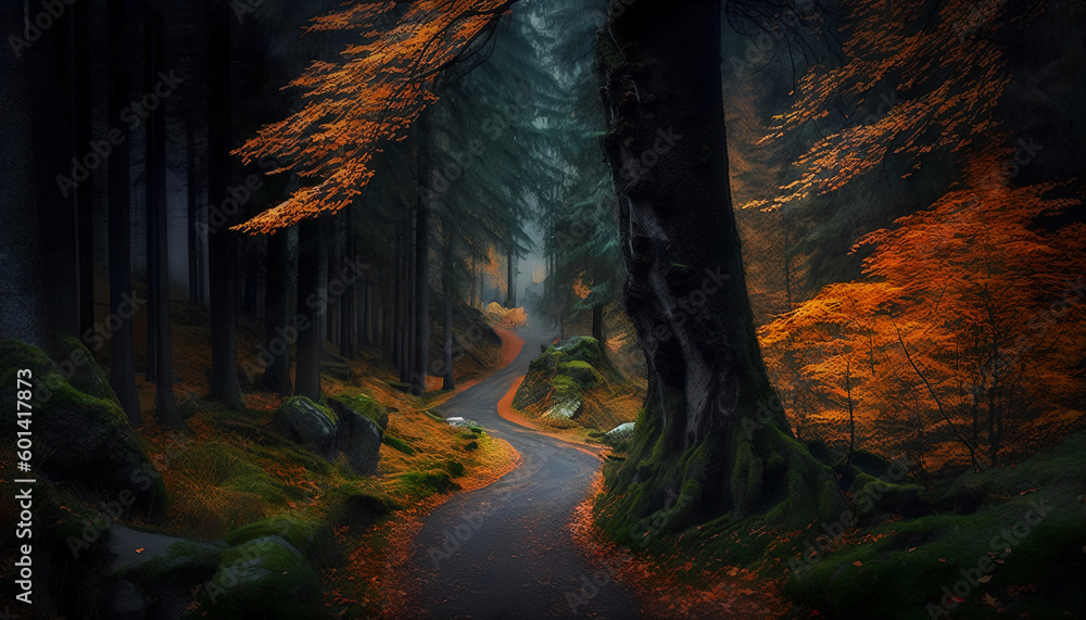Poster a path that runs through tall trees in the forest, generative by ai