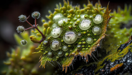 Close-up of moss with drops of dew and water on it. An amazing micro-world, Generative by AI