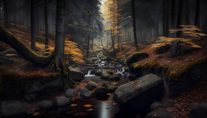 a river that runs through tall trees in the forest, Generative by AI