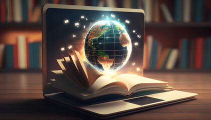 a hologram of the planet Earth coming out of a laptop screen, with a shelf with books in the background, Generative by AI