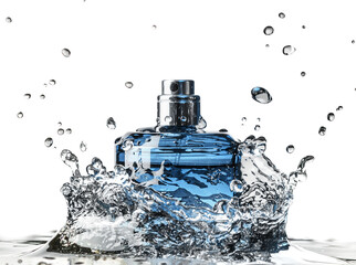  Blue fresh Perfume bottle and water splash around it isolated on white