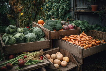 Harvest festival, pumpkin, cabbage, broccoli, potatoes, onions harvesting, Thanksgiving Day background, AI Generated